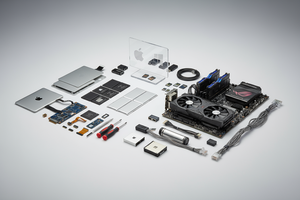 apple and windows parts and services, no people 